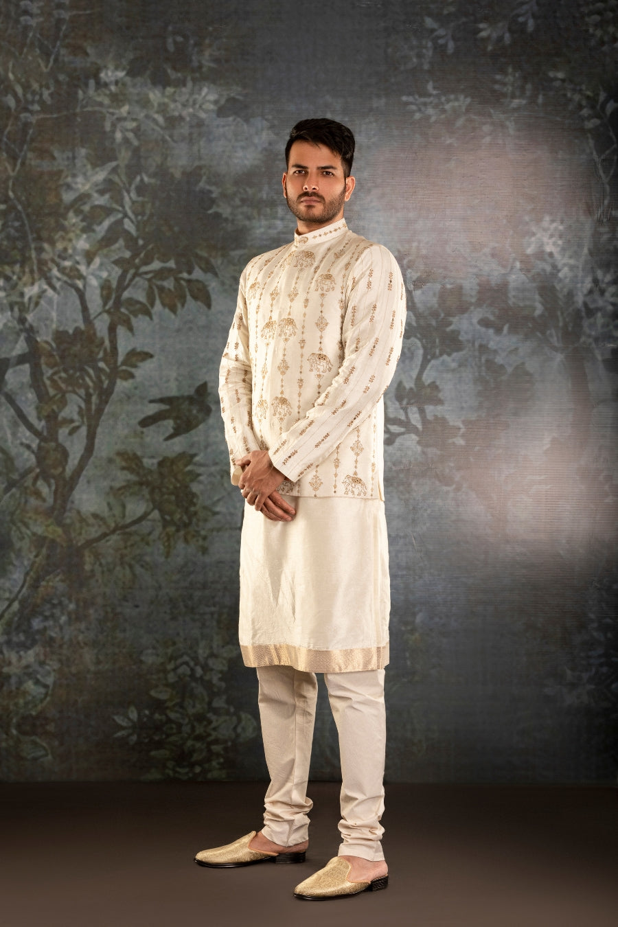 Traditional Elephant motive  Kurta Waistcoat in Cream Color