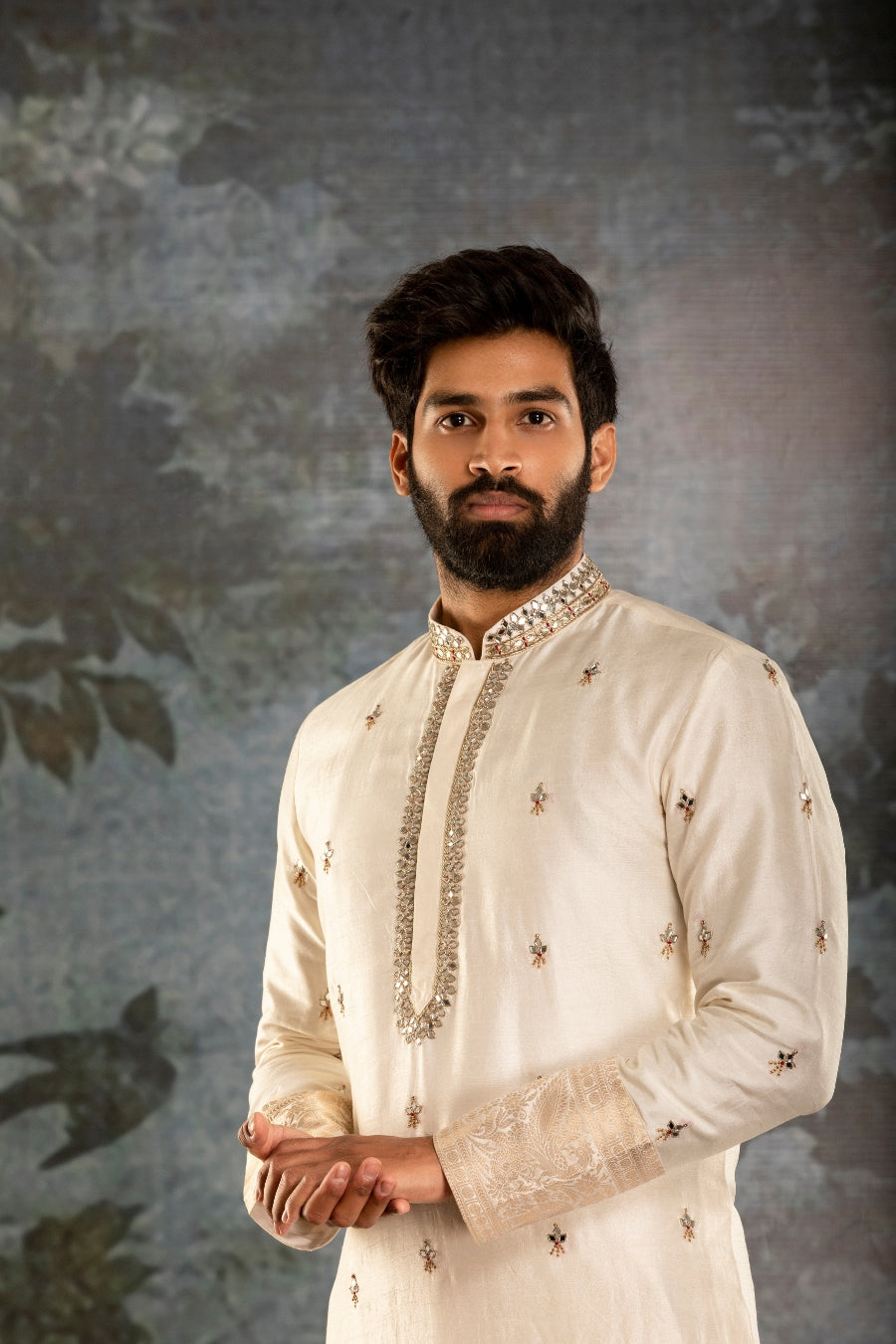 Cream waistcoat kurta with Mirror work