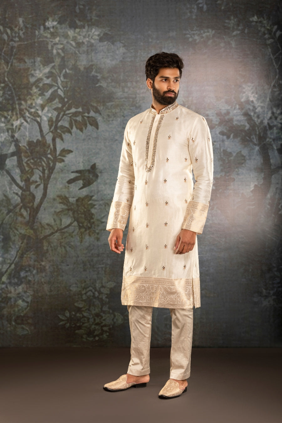 Cream waistcoat kurta with Mirror work