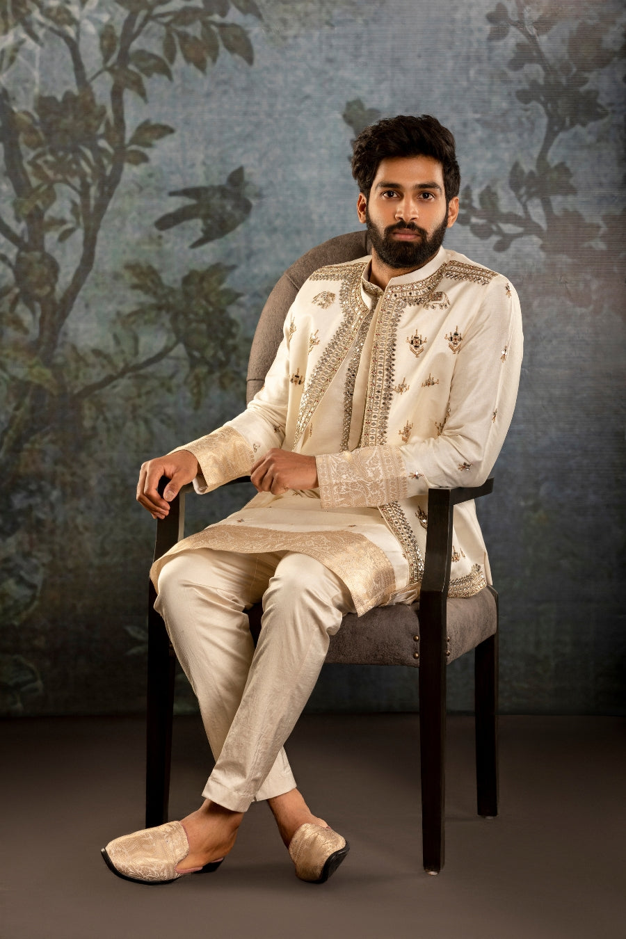 Cream waistcoat kurta with Mirror work