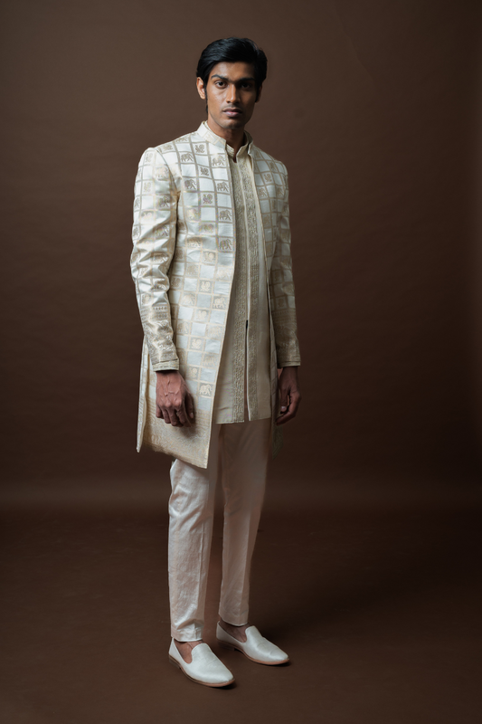 Ivory Brocade Sherwani with Royal Grid Motifs