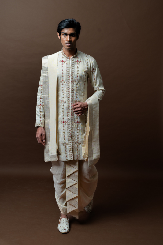 Ivory Embroidered Kurta Set with Draped Dhoti